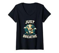 Mujer Just Breathe Yoga Goat Meditación Guitarra Diseño Camiseta Cuello V