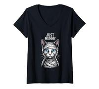 Mujer Just Cat Mummy - Camisa Divertida y aterradora para Halloween Camiseta Cuello V