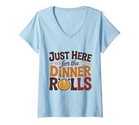 Mujer Just Here for The Dinner Rolls Groovy 70s Retro Acción de Gracias Camiseta Cuello V