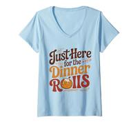 Mujer Just Here for The Dinner Rolls Groovy 70s Retro Acción de Gracias Camiseta Cuello V