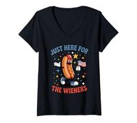 Mujer Just Here For The Wieners Chiste Hot Dog Bandera USA Camiseta Cuello V