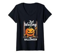 Mujer Just Waiting For Halloween Pumpkin Art Camiseta Cuello V