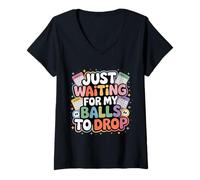 Mujer Just Waiting For My Balls To Drop Juego de Hobby de Bingo Camiseta Cuello V