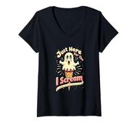 Mujer Justo aquí para el I-Scream, Juego de palabras fantasma de Halloween Camiseta Cuello V