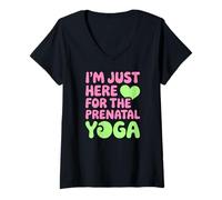 Mujer Justo aquí para el yoga prenatal, diversión para los amantes del fitness Camiseta Cuello V