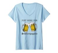 Mujer Justo aquí para la Cerveza Schitzengiggles Oktoberfest Camiseta Cuello V