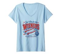 Mujer Justo aquí para Que el Mal día de Wieners Sea un Perro Caliente Camiseta Cuello V