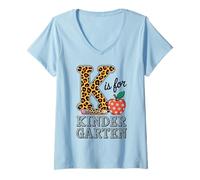 Mujer K Is For Kindergarten Leopard Pencil Primer Día de Escuela Camiseta Cuello V