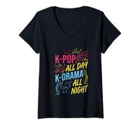 Mujer K-Pop All Day K-Drama All Night Divertido diseño Coreano Camiseta Cuello V