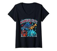 Mujer Kansas City Retro Bootleg Skyline BBQ Jazz Fuente Arte Camiseta Cuello V