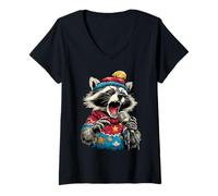 Mujer Karaoke Alegre de la Navidad de Animales del Bosque Cantando Mapache Camiseta Cuello V