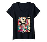 Mujer Karaoke Musica Bar Cantante Flores Micrófono Karaoke Camiseta Cuello V