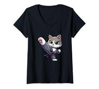 Mujer Karate Dibujos Animados Gato Patear Artes Marciales Camiseta Cuello V