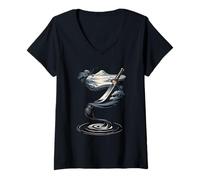 Mujer Katana Samurai Tinta Pincel Monte Fuji Zen Japón Paisaje Camiseta Cuello V
