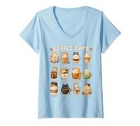 Mujer Kawaii Anime Coffee Cats Cappuccino Lindo Cat Café Diseño Camiseta Cuello V
