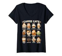 Mujer Kawaii Anime Coffee Cats Cappuccino Lindo Cat Café Diseño Camiseta Cuello V