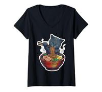 Mujer Kawaii Anime Gato Comiendo Ramen Fideos Japonés Foodie Camiseta Cuello V