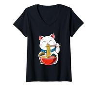 Mujer Kawaii Anime Ramen Gato de la Suerte Camiseta Cuello V