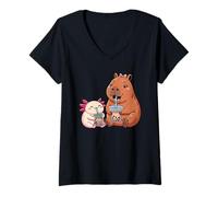 Mujer Kawaii Axolotl Y Capibara Beber Bubble Boba Tea Girls Camiseta Cuello V