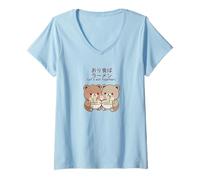 Mujer Kawaii Bear Cubs Let's Eat Together Diseño de Fideos japoneses Camiseta Cuello V