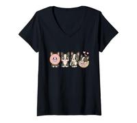 Mujer Kawaii Boston Terrier Puppy Squad Cute Donut Bowl Mochila A Camiseta Cuello V