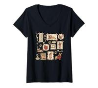 Mujer Kawaii Bulldog Francés Scrapbook Estética Frenchie Camiseta Cuello V