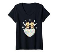 Mujer Kawaii Bumble Bee Pareja Panal Corazón Amor Día de San Valentín Camiseta Cuello V