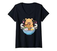 Mujer Kawaii Capybara Eating Ramen Noodles Cute Capybara Boy Girl Camiseta Cuello V