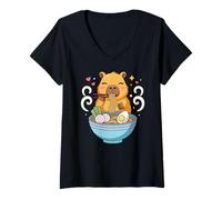 Mujer Kawaii Capybara Eating Ramen Noodles Cute Capybara Boy Girl Camiseta Cuello V