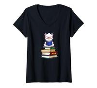 Mujer Kawaii Cartoon Kids Girls Books Reading Polar Bear Lover Camiseta Cuello V
