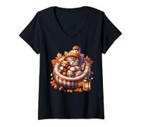 Mujer Kawaii Cat Cuddle with Teddy Bear Autumn Kitten For Fall Camiseta Cuello V