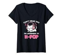 Mujer Kawaii Cat KPOP no Puede oírte Escuchando a K Pop Girl Camiseta Cuello V