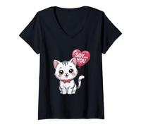 Mujer Kawaii Cat Soy Into You Juego de Palabras de Comida Camiseta Cuello V