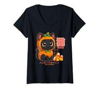 Mujer Kawaii Chibi Calabaza Gato Japonés Halloween Vaporwave Camiseta Cuello V