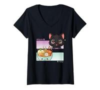 Mujer Kawaii Chibi Cat Ramen Anime Manga Japonés Otaku Camiseta Cuello V