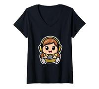 Mujer Kawaii Chibi Gamer Kid Lindo Adorable Video Juego Chica Amarillo Camiseta Cuello V