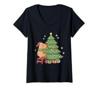 Mujer Kawaii Christmas Capybara Decorating The Tree Camiseta Cuello V