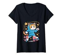 Mujer Kawaii Feline Cat En Patines Patines Patinaje Sobre Ruedas Camiseta Cuello V