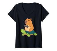 Mujer Kawaii Gaming Animal Graphic Turtle Cute Capybara Gamer Camiseta Cuello V