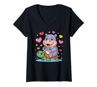 Mujer Kawaii Gaming Animal Graphic Turtle Cute Hippopotamus Gamer Camiseta Cuello V