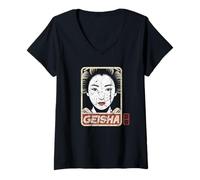 Mujer Kawaii Geisha Japonés Kanji Personajes Kyoto Japón Otaku Camiseta Cuello V