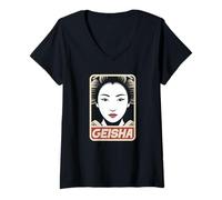 Mujer Kawaii Geisha Japonés Kanji Personajes Kyoto Japón Otaku Camiseta Cuello V
