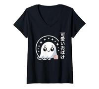 Mujer Kawaii Ghost Obake - Estética Japonesa de Anime de Halloween Camiseta Cuello V