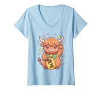 Mujer Kawaii Highland Cow Maneki Neko Fortune Granja Japonesa Camiseta Cuello V