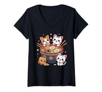 Mujer Kawaii Japonés Anime Gato Ramen Chibi Gato Comiendo Fideos Camiseta Cuello V