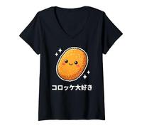 Mujer Kawaii Japonés Korokke Lover Crujiente Croqueta Comida Arte Camiseta Cuello V