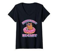 Mujer Kawaii Kids Womens Girls Donut Don't Worry Be Capy Lover Camiseta Cuello V