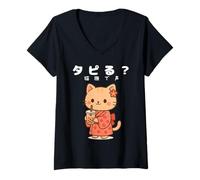 Mujer Kawaii Kimono Cat Bubble Tea Lindo Anime Japonés Boba Lovers Camiseta Cuello V