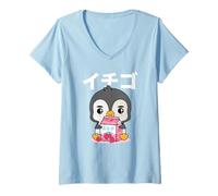 Mujer Kawaii Leche De Fresa Chibi Pingüino Japón Vibes Ichigo Camiseta Cuello V