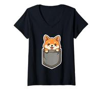 Mujer Kawaii Lindo Shiba Inu en el Bolsillo Camiseta Cuello V
